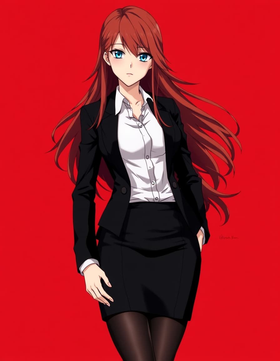 anime image of a confident woman with long, flowing red hair and striking blue eyes, wearing a neatly buttoned white blouse, a black blazer, and a tailored black pencil skirt. She has opaque black tights and knee-high boots, with a poised and confident stance. The background is a solid, vibrant red