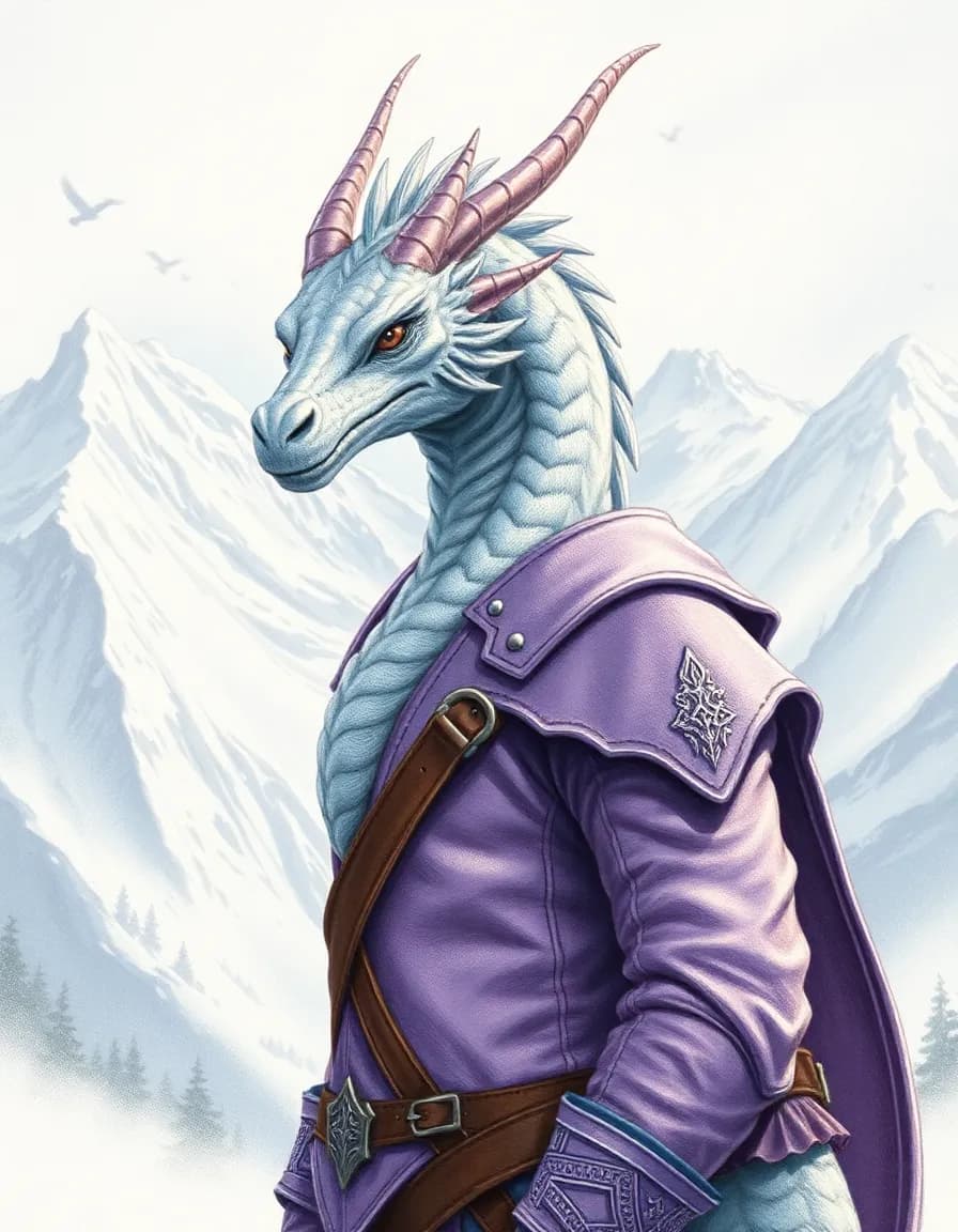 a hyper-detailed digital illustration mimicking a hand-drawn illustration with soft core coloured pencils, featuring visible colored pencil strokes and intricate fine liner work. a silver dragonborn, more dragon than human, with fins, horns, and feathers instead of hair, dons lavender leather armor. the scene takes place against a snowy mountain backdrop, utilizing pre-rendered shadows to imply light through color. the drawing has sharp edges, clean linework, and strictly no photographic realism. layered depth techniques eliminate photorealism, while cross-hatching and color blending create a professional, layered look. the drawing is a layered colored pencil illustration with visible pencil strokes and soft paper grain.