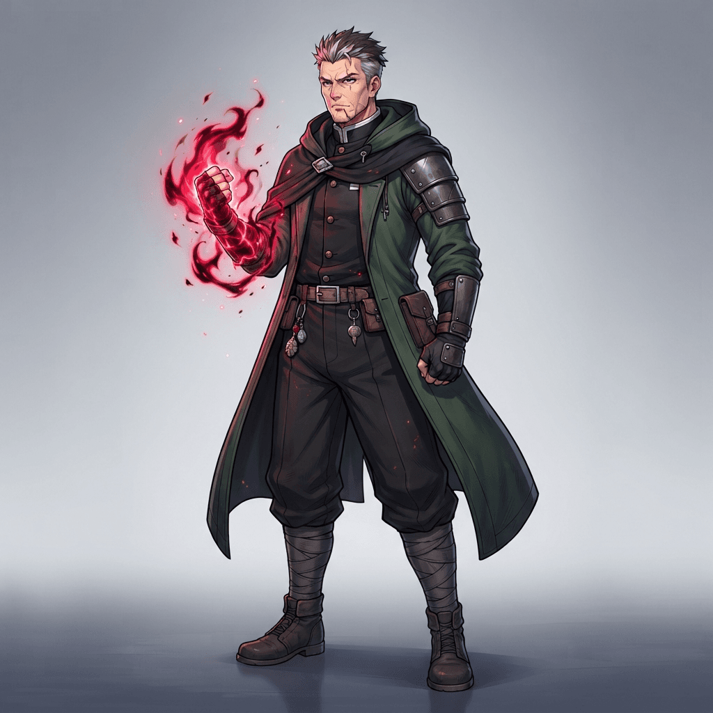 Anime illustration, full body, original older sorcerer man with grey streaked hair and a scar on his chin, long dark green coat over a black uniform, deep red cursed energy around one fist, clean grey gradient studio background, vibrant, crisp