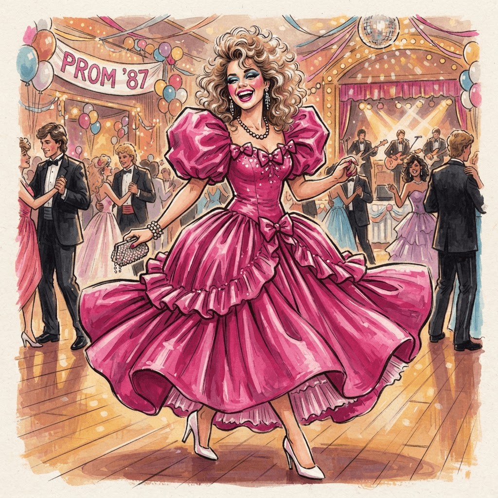 eighties prom fashion, puff sleeve taffeta dress, big permed hair, bold blue eyeshadow, full length gown look, fashion illustration, full body