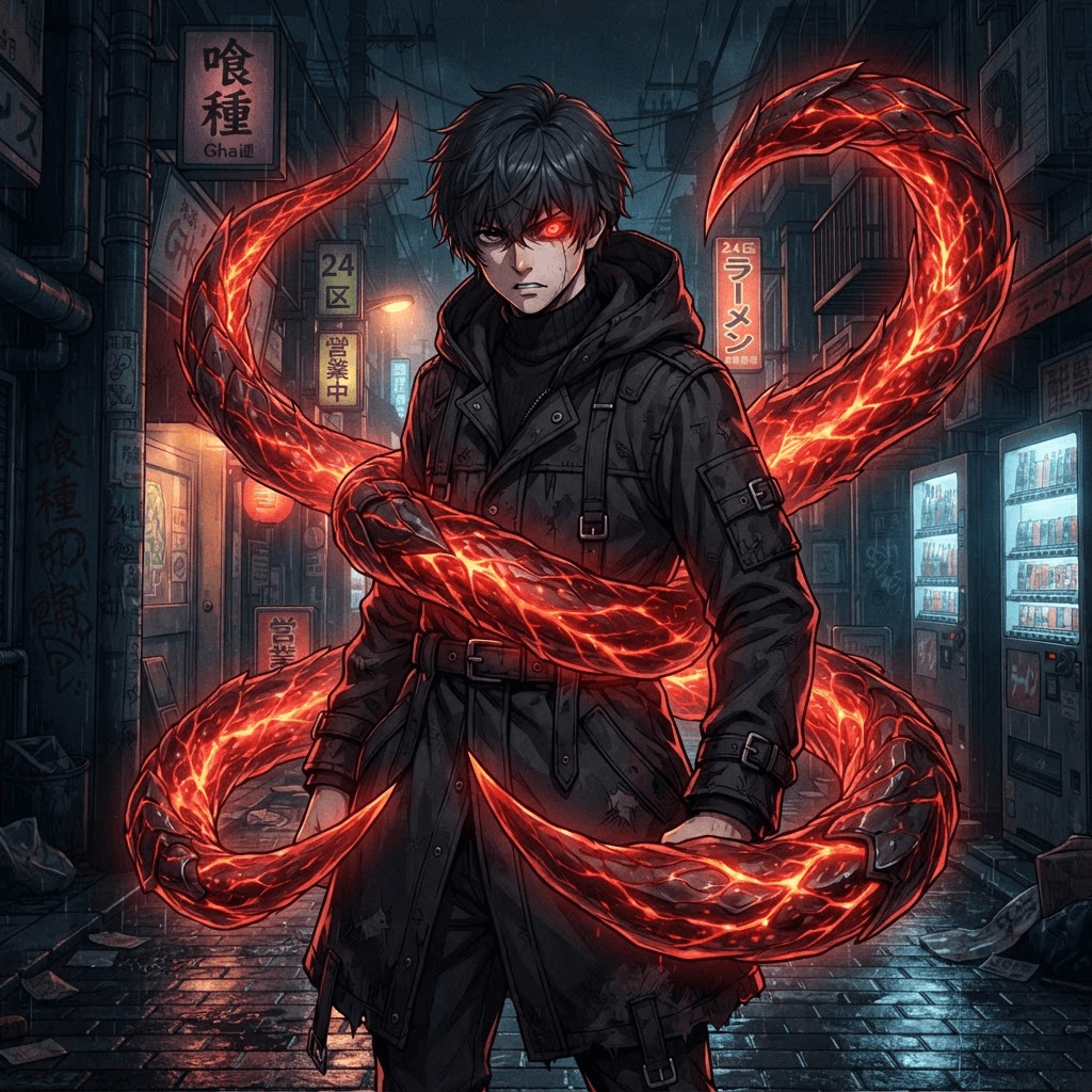 original Tokyo Ghoul style anime OC, rinkaku kagune tendrils coiling around a fierce anime character, glowing red kakugan eye, dark hooded coat, rainy Tokyo alley