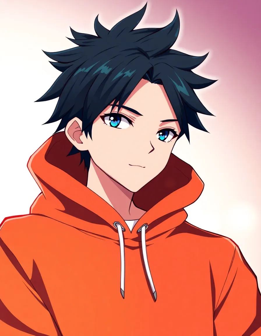 Anime style young male character, spiky black hair, stylish streetwear hoodie, confident pose, soft glowing background, vibrant colors, highly detailed anime illustration, character design sheet style