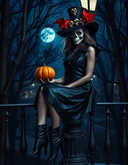 une femme elegante style alice au pays des merveilles, assise sur une balancoire entre arbres torsades, night reflection mood, quiet nocturnal introspection under subdued moonlight and distant streetlamps, cool blue‑deep indigo palette, holding a horror pumpkin, vetue d’une courte jupe en cuir skull, d’un nœud papillon rouge, de bottines montantes skull, d’une veste en cuir et d’un grand chapeau orne de bijoux skull et d’un petit diamant bleu, ambiance theatrale surrealiste, symetrie miroir refletant chaque element.