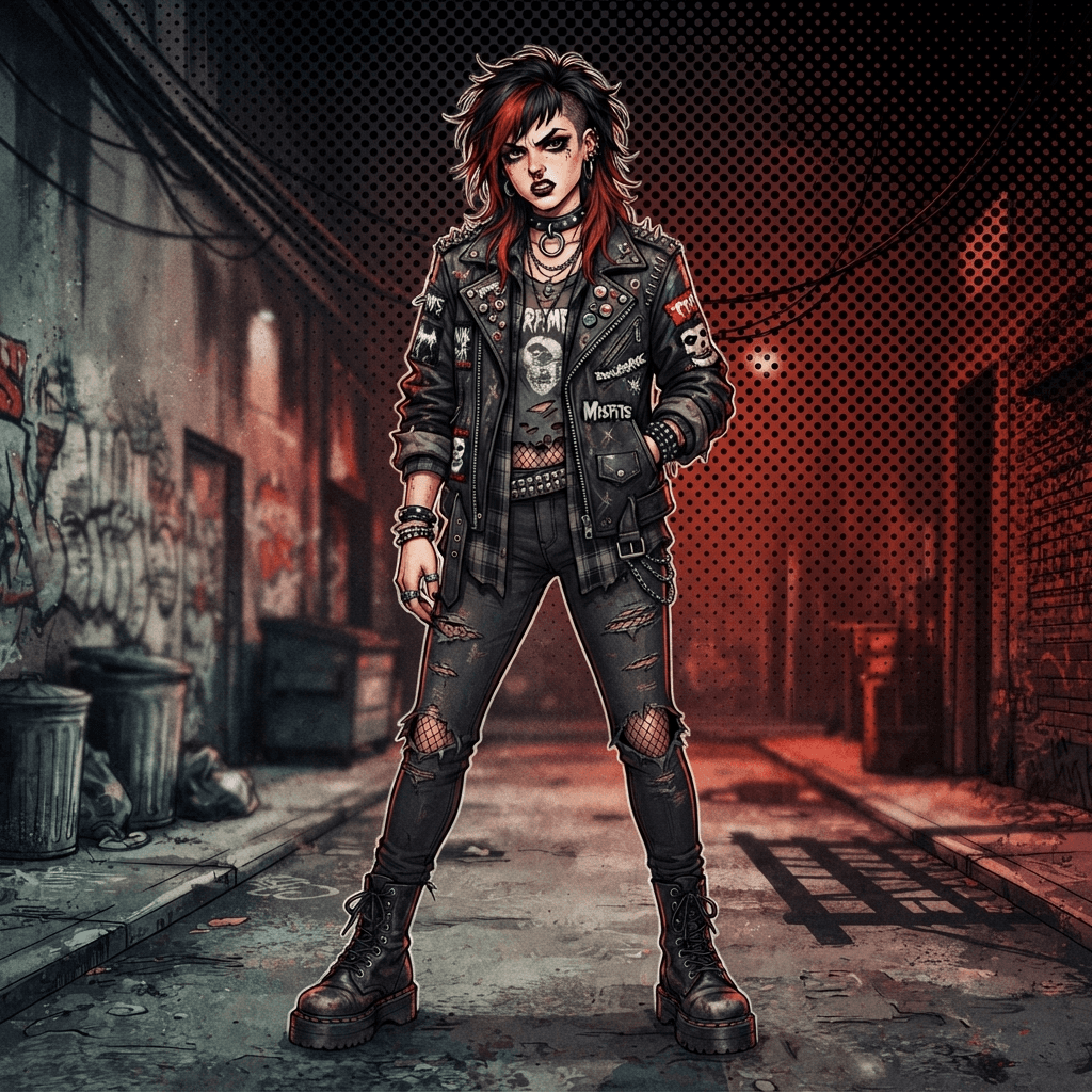 full body original character, grunge alt style, black choker and layered punk jacket, dyed red streaks, heavy boots, moody halftone gradient background, vibrant, crisp high detail, digital illustration