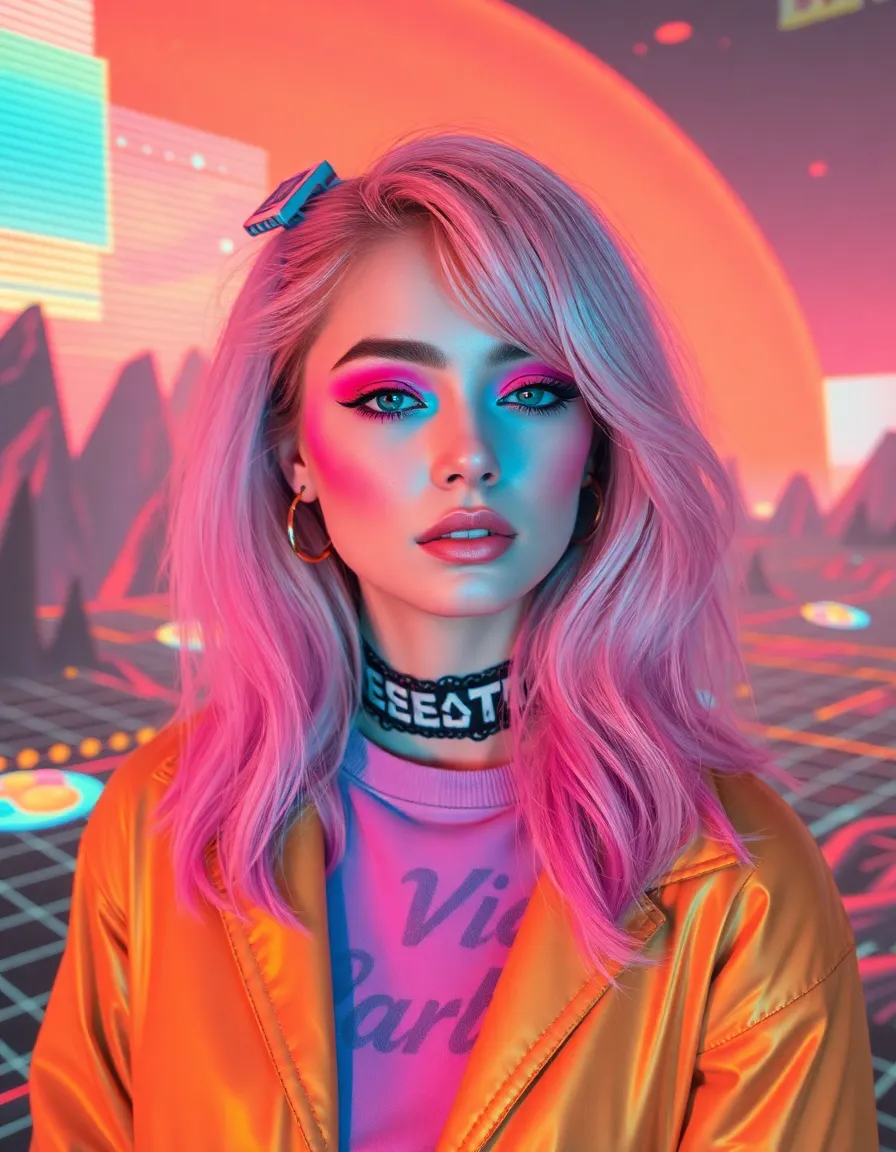 a person dressed in vaporwave-retro attire and wearing neon pastel makeup with soft hair, surrounded by distorted digital grids and elements from an 80s landscape, with warm, overexposed colors.