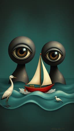 whimsical folk‑art characters with dramatic eyes, each eye holding a tiny sailboat on a turquoise tropical sea, rendered in a tonalism style with muted monochromatic values, softened edges, hazy shadows and a unified moody atmosphere; subtle lacquered texture and faint gold shimmer suggest a luminous surface, while delicate crane and wave motifs are subtly integrated.