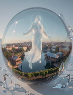 a towering translucent figure in flowing spectral robes drifts inside a crystal‑glass sphere that mirrors bordeaux’s cityscape, vineyards and the stilt houses of the arcachon basin, surrounded by shards of blown glass. honey‑faded blue palette, soft amber reflections, subtle halos and long shadows bathe the scene under a muted blue‑gray pastel sky. the figure is captured drifting, seen from a high‑angle perspective, emphasizing the hushed, introspective atmosphere of the bordeaux glass sphere style.