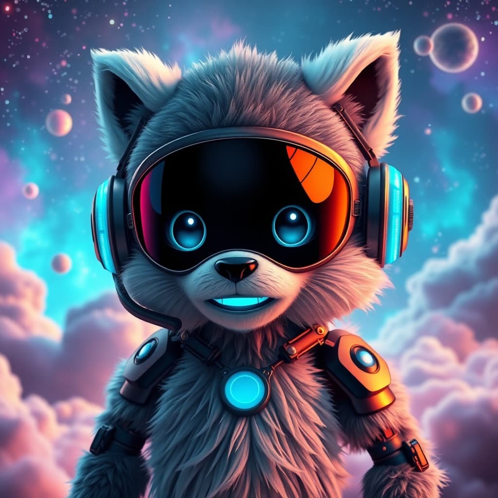 A cute Protogen with a sleek black visor face and glowing cyan eyes and mouth, fluffy gray and white fur, wearing large futuristic cyan headphones, standing in a cosmic galaxy environment, surrounded by vibrant nebula clouds, glowing stars and planets, neon space lights reflecting on the visor, high detail, cinematic lighting, digital art, ultra HD