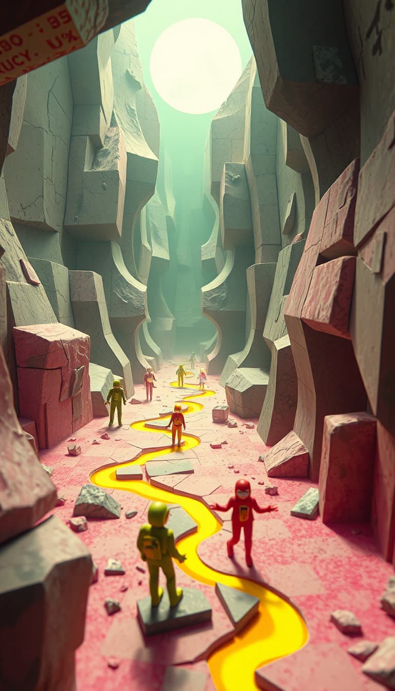 unleash hell on earth in an ena dream aesthetic: a surreal, low‑fidelity flash‑animation scene where ps1‑era polygonal textures clash with hand‑drawn 2d figures. acidic lime green, magenta, and sickly yellow flash against washed‑out grays, while forms appear bisected and mismatched. the environment warps into impossible geometry, surfaces are grainy with a tape‑like hiss, creating an uncanny, melancholic, playfully broken dream‑logic atmosphere.