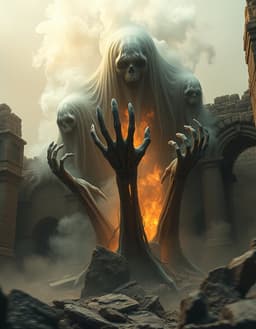 three ghostly smoky apparitions rising from ancient stone ruins, undead hands clawing through the earth, intertwined biomechanical glass structures, aggressive forward‑driving composition with motion blur and compressed framing, explosive tension, mystical anticipation, dim golden light with drifting motes, subtle warm‑cool color shift, quiet expectation, faint shimmer.