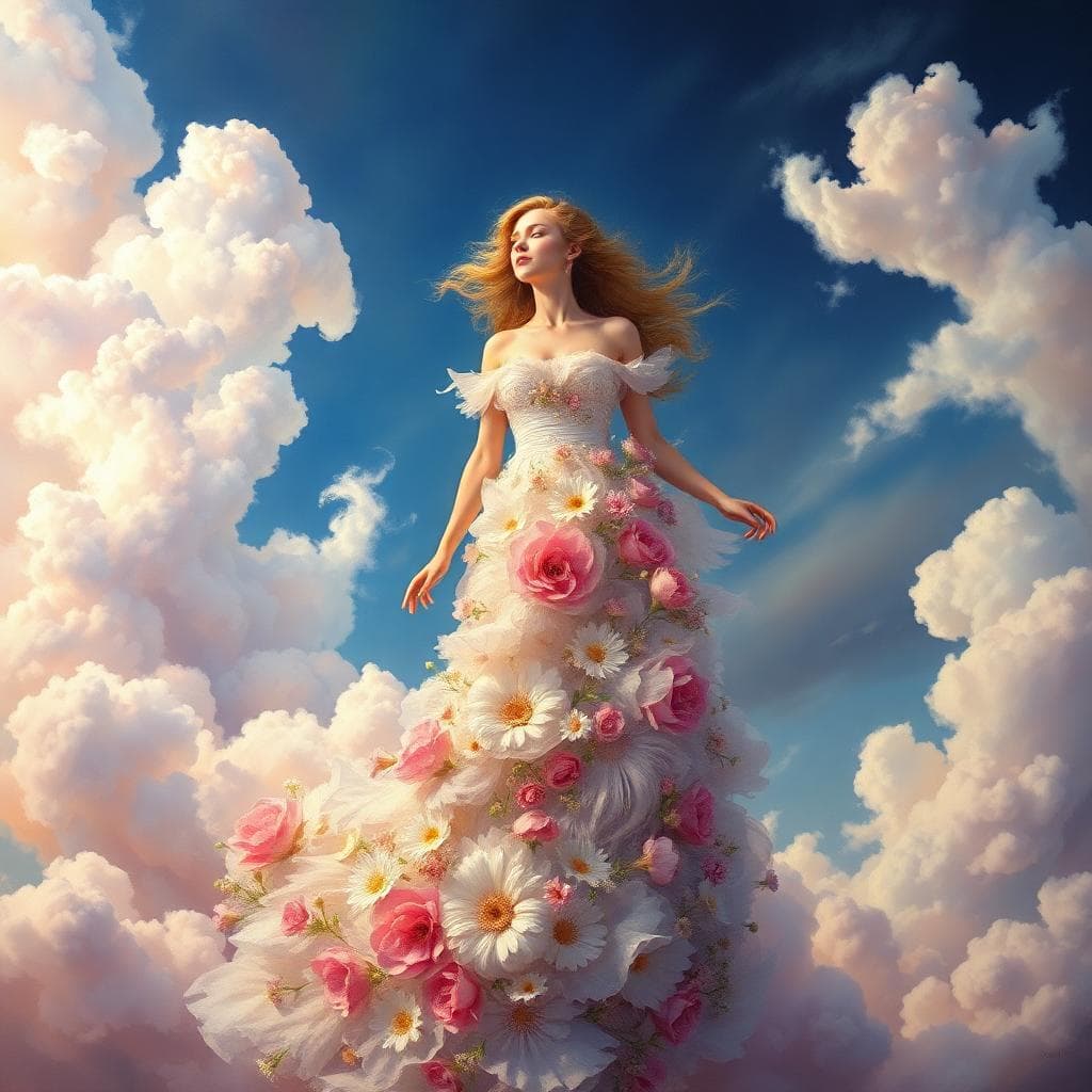 Surrealism painting of a beautiful woman in a long flowing dress made of clouds and flowers, highly detailed, hypermaximalist, pastel colors, epic, masterpiece, dramatic lighting, fractals, 8 k, depth of field, Water Colours