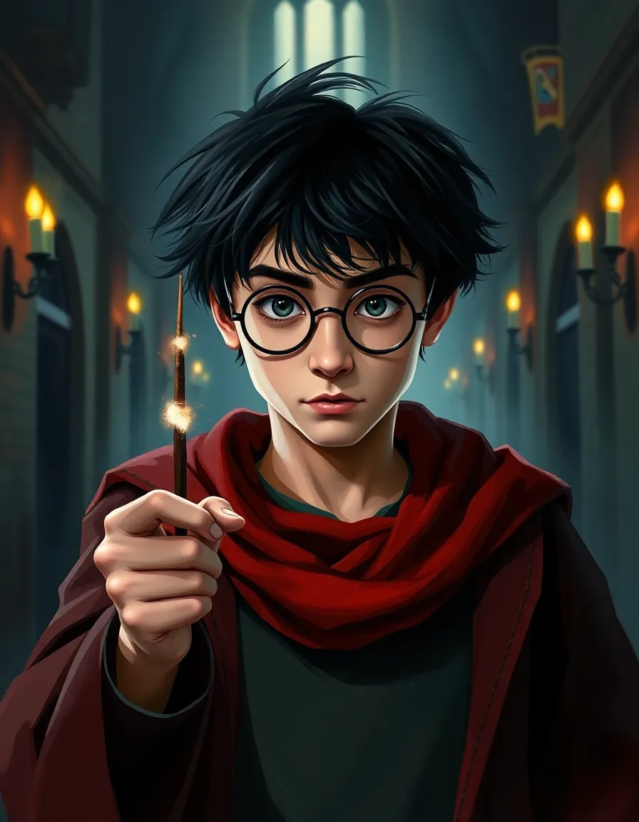 Dynamic concept art of Harry Potter as a determined young wizard with messy black hair and round glasses, wearing his Hogwarts robes and Gryffindor scarf. He holds his wand at the ready, a faint glow emanating from the tip. The background is a moody, enchanted Hogwarts corridor with flickering torches. Painterly brushwork, dramatic lighting, deep shadows, capturing youthful bravery and magic.