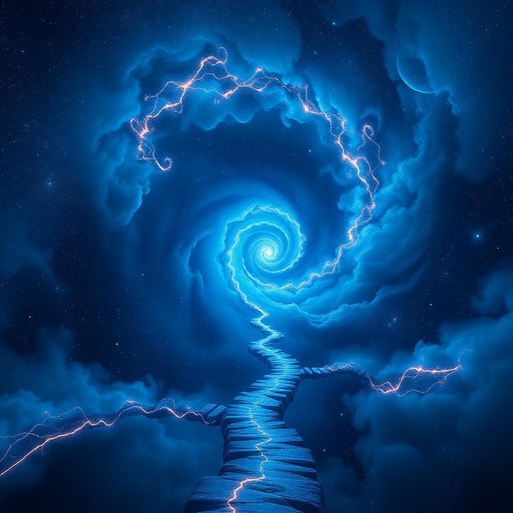Cosmic starfield deep, Dusk blue hues, Infinite universe crossroads, Mind-bending glow, Mystical surreal scene, Recursive fractal geometry, Rich deep space, Swirling vortex light, Wispy clouds