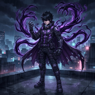 original My Hero Academia style anime villain OC, young man with a shadow manipulation quirk, dark purple shadow tendrils rising behind him, mysterious grin, dramatic villain costume, MHA anime art style