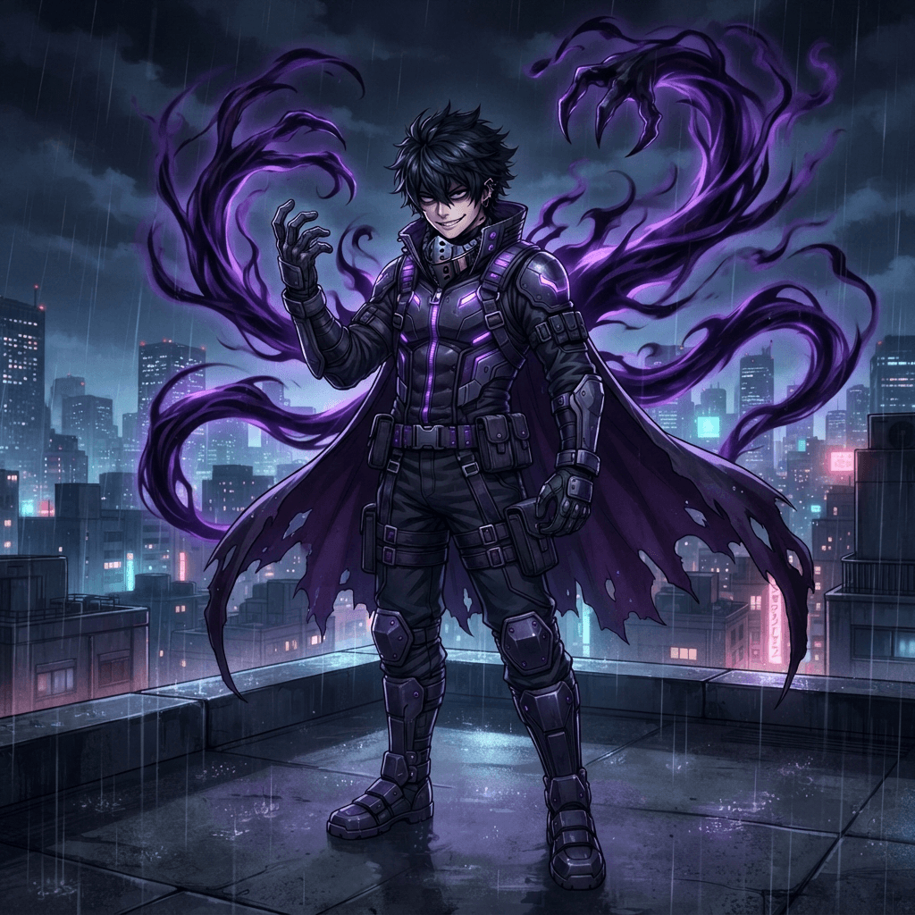 original My Hero Academia style anime villain OC, young man with a shadow manipulation quirk, dark purple shadow tendrils rising behind him, mysterious grin, dramatic villain costume, MHA anime art style