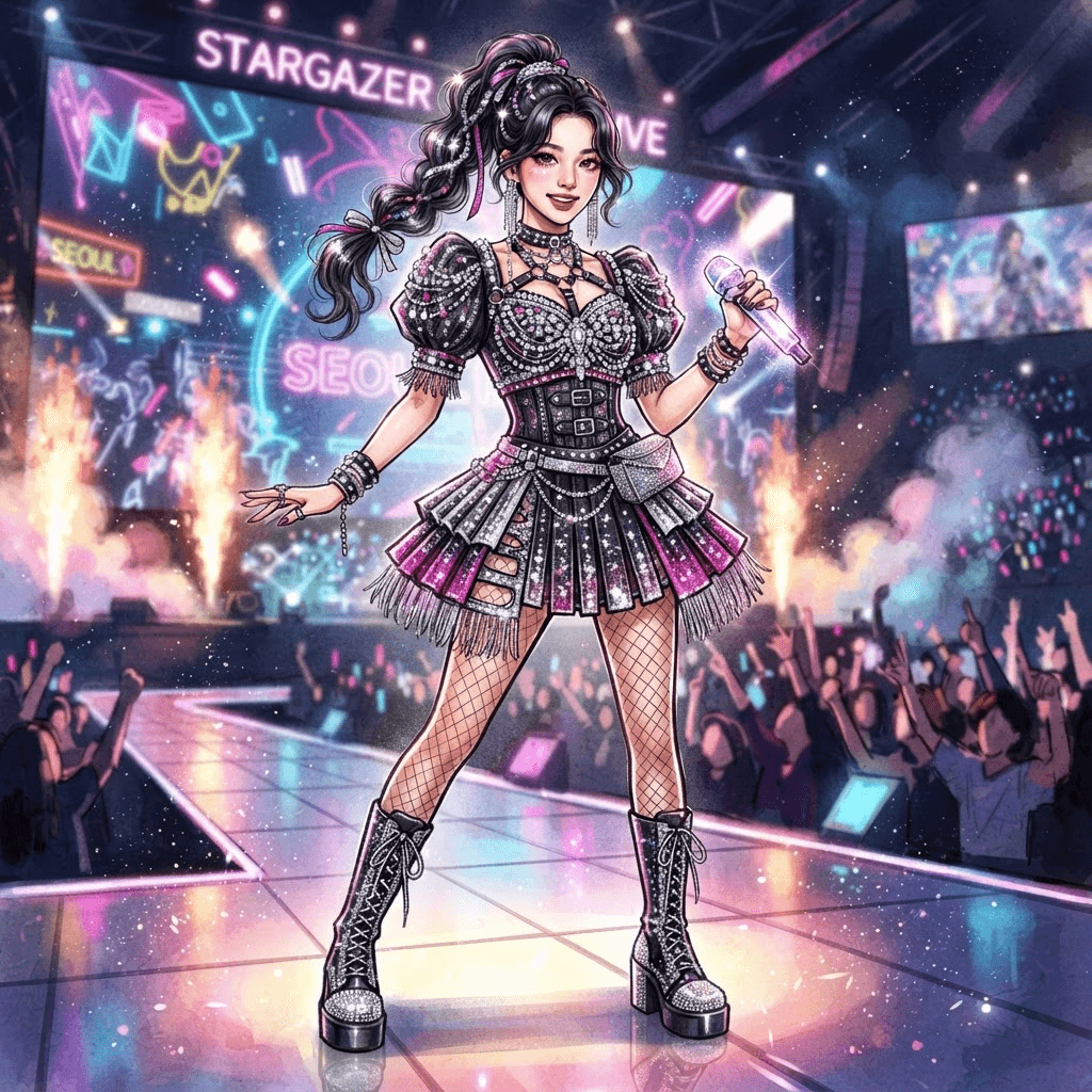 idol stage fashion, kpop performance outfit, sparkling stage costume, styled with statement accessories, fashion illustration, full body