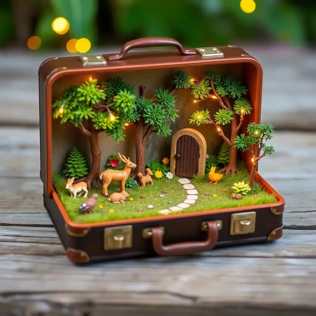 Create a miniature diorama featuring a whimsical forest scene inside a vintage suitcase. Within the lush, miniature woodland setting, include tiny animals like deer, rabbits, and birds, as well as a hidden fairy door nestled amongst the trees. Let the scene come to life with tiny LED lights to mimic fireflies dancing in the evening glow.
