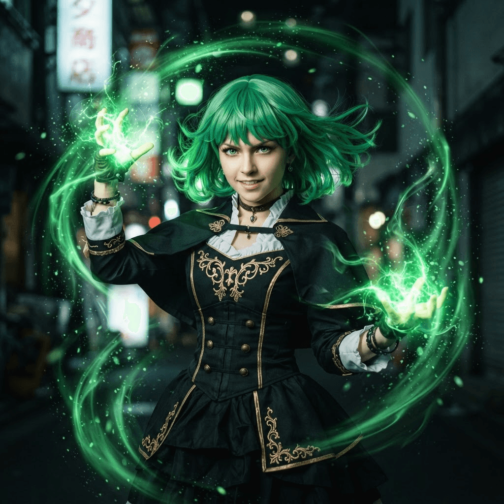 a small green haired esper in a fitted black dress surrounded by swirling green psychic aura, cosplay portrait, waist up, detailed costume