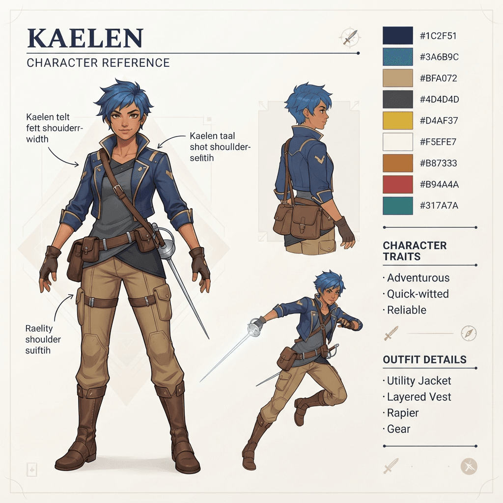 an original character reference sheet with full body views and a color palette strip, clean layout, different color scheme