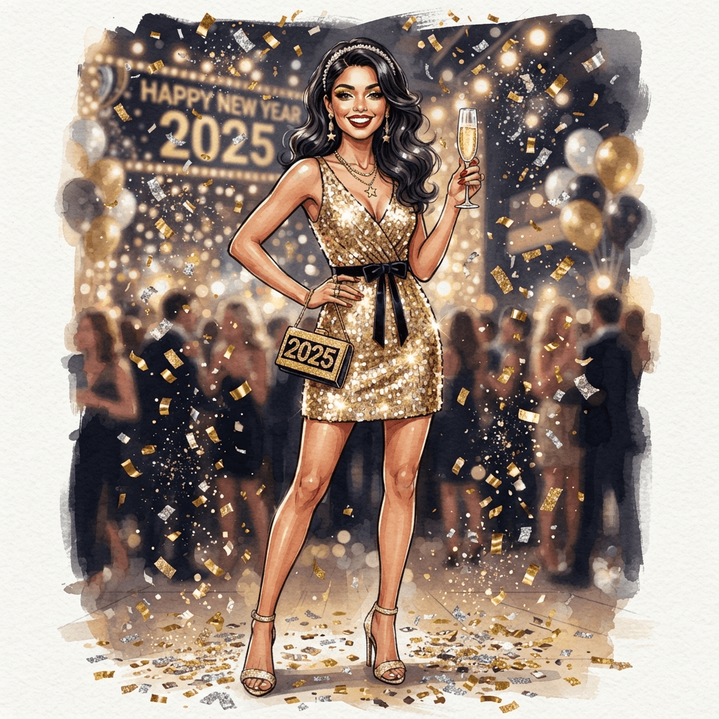 new years eve fashion, sequin mini dress, metallic gold confetti styling, styled with statement accessories, fashion illustration, full body