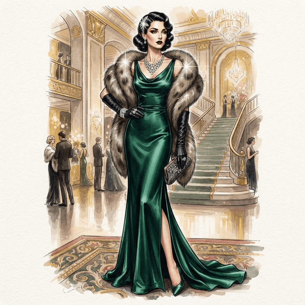 old glamour fashion, floor length satin gown, diamond jewelry, sleek finger waves, styled with statement accessories, fashion illustration, full body