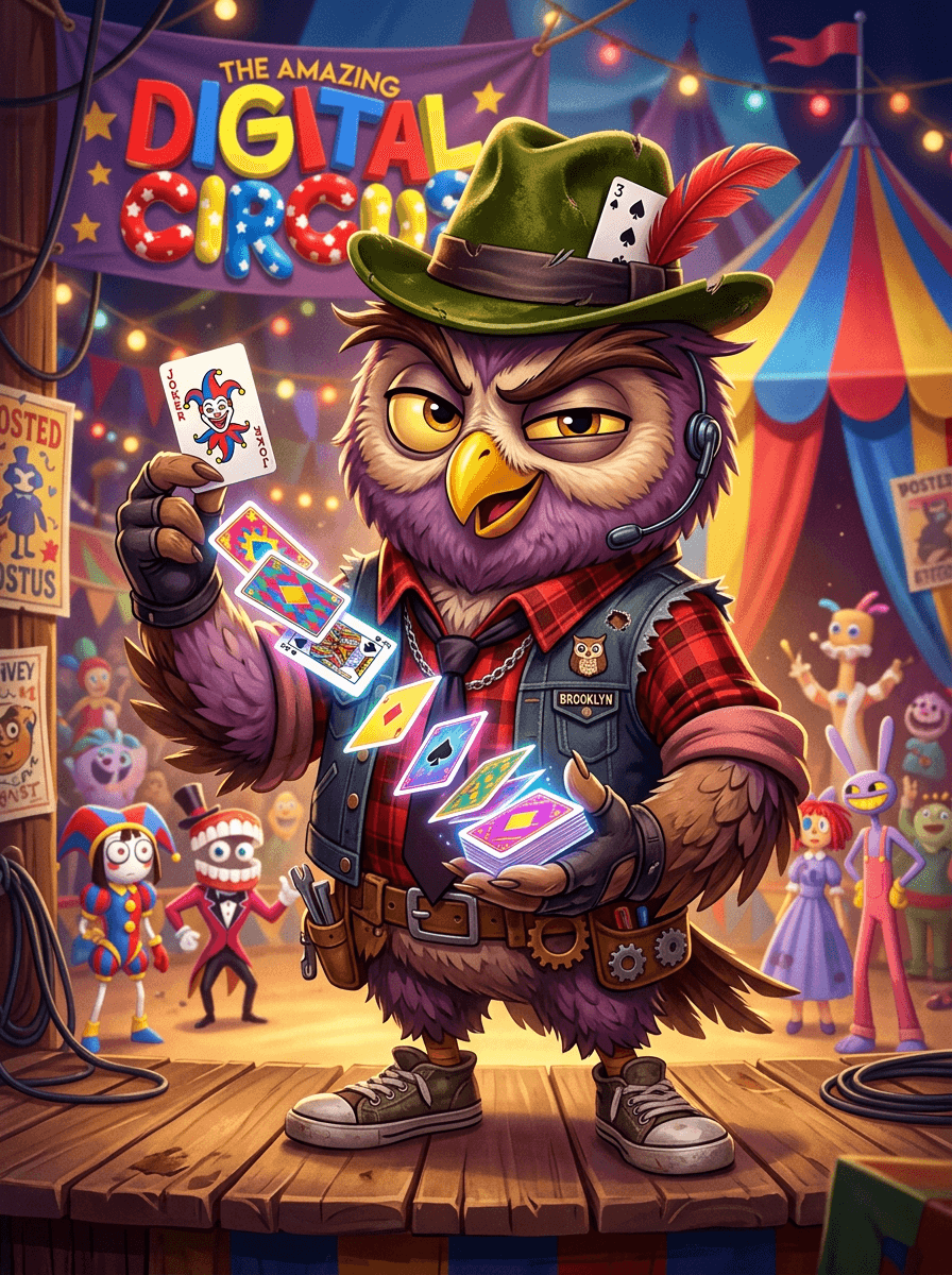the amazing digital circus oc based on an owl that's a trickster with a brooklyn style character