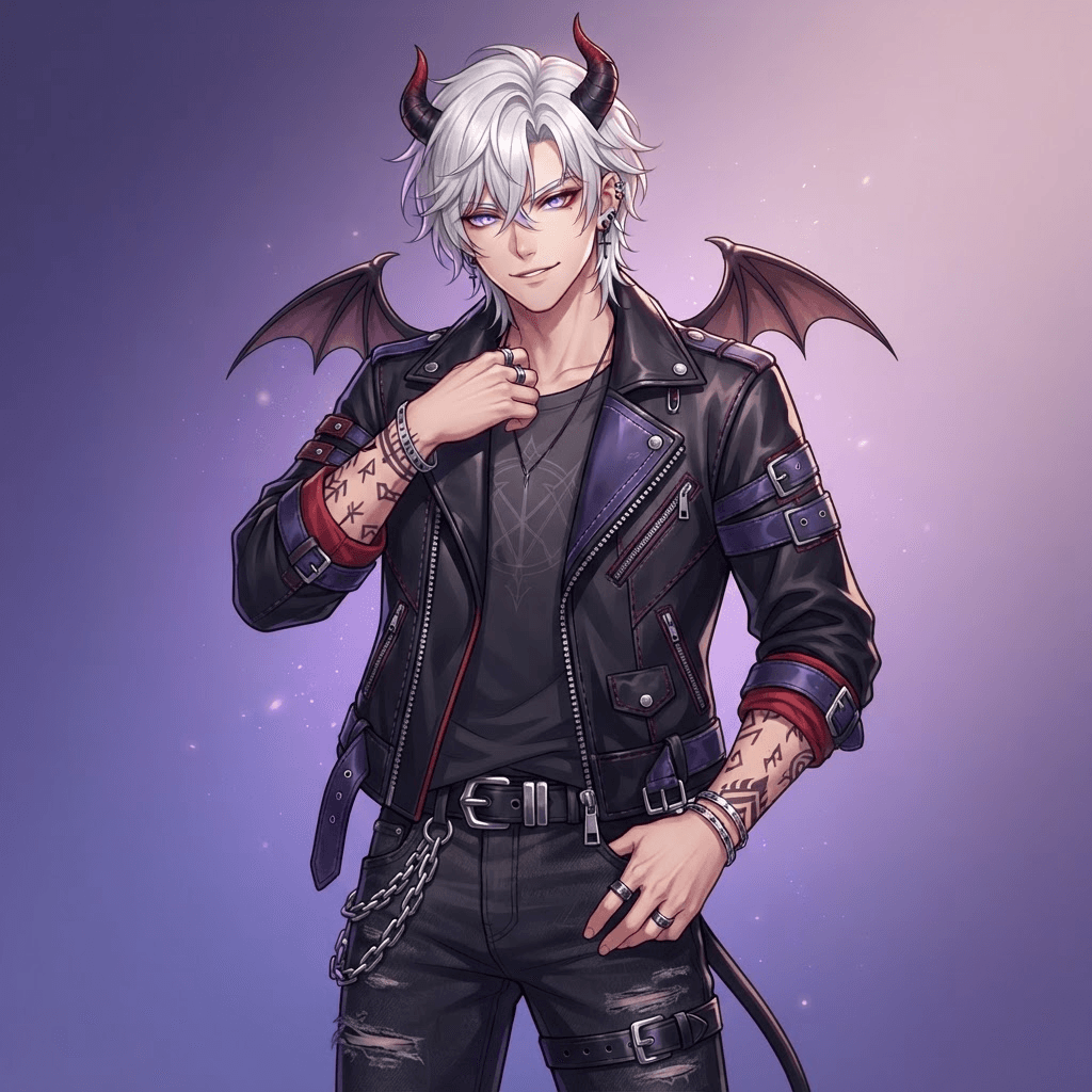 original demon brother original character, otome game anime style, young man with white hair and violet eyes, black leather jacket with purple accents, demon horns and small bat wings, clean soft gradient studio background, vibrant, crisp high detail, digital illustration, no text, no words