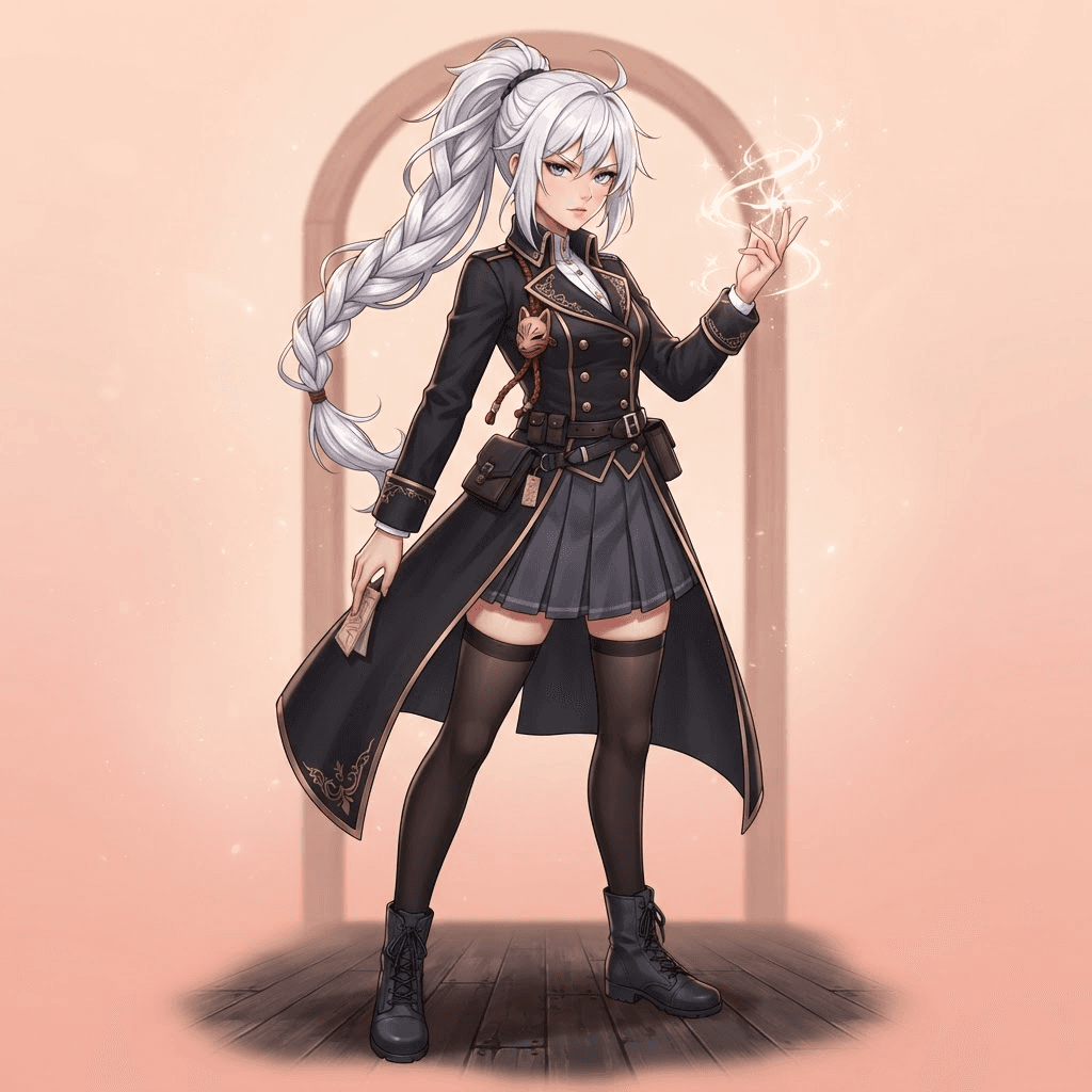 Anime illustration, 3/4 view, original sorcerer girl with a long white braid, dark uniform skirt and long coat, a small wooden charm on a string, pale gold cursed energy at her fingertips, soft peach gradient studio background, crisp lines