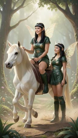 nice portrait, the woman sits on a unicorn, Fairie stands beside the unicorn, smiling and looking at the woman.