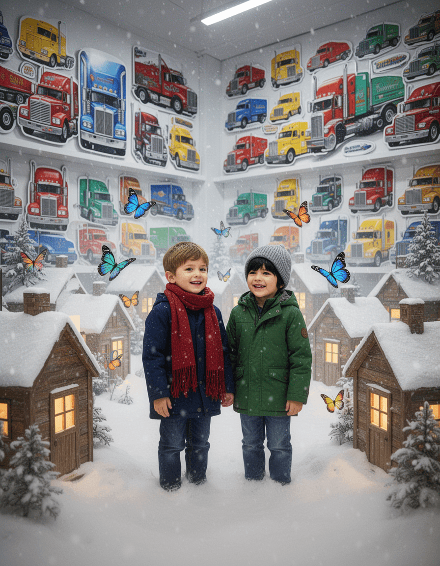 a small peaceful snowy village inside a store with vintage trucker stickers, tons of big colorful truckers decorate the walls, soft falling snow, small wooden houses covered with snow, two young boys standing together happily amidst the vibrant trucker landscape. the snow falls like gossamer silk, and the wooden houses are veiled in glassy transparency. the vintage truckers are in various sizes and colors, creating a visually dynamic backdrop for the boys. the boys stand bathed in a soft, ethereal light, like they've stepped from a winter reverie into an icy dawn, as the trucker stickers seem to glow with a mesmerizing luminescence. between boy1's dark blue coat, cinched with a worn red scarf, and boy2's black hair etched against the morning's pale blue, a gentle flight of colorful butterflies dance and flutter organically through the village space, their iridescent wings shimmering in harmony with the soft luminescence of boy1's dark blue coat. boy2's green jacket and gray wool cap still glow softly, amidst the bold, brightly colored trucker stickers that adorn the store walls, the village is suspended in a moment of timeless stillness, a fleeting beauty distilled by the luminous quality of the quiet winter air, with delicate butterflies drifting effortlessly through it. the truckers on the wall appear three-dimensional, blending seamlessly with the wooden houses, creating an enchanting, whimsical scene.