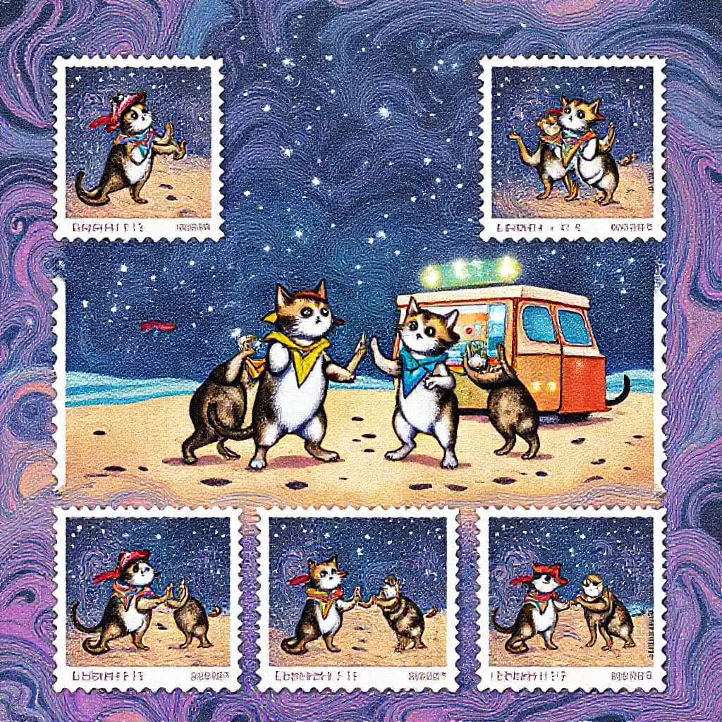 Envision a set of postage stamps depicting a wild scene of pirate cats with colorful bandanas, each stamp showcasing a different moment of their dance on a sandy beach under a starry night sky. The marbled paper texture intricately outlines the cats and the shimmering ice cream truck, giving each stamp a unique frame of swirling patterns and vibrant hues. The marbled texture imbues the stamps with an ethereal, flowing quality, capturing the excitement of the party through dynamic color contrasts. Each stamp contains a miniature slice of this whimsical event, inviting the viewer to collect them all for a vivid, cohesive visual narrative.