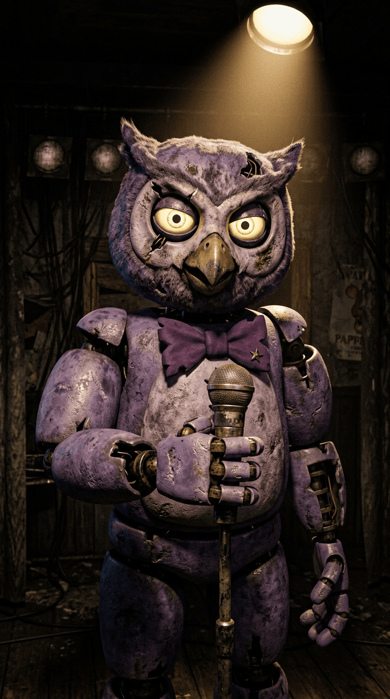 Original animatronic in the Five Nights at Freddy's art style: a worn purple owl animatronic with glowing yellow eyes, a bow tie and a microphone, visible joints and scuffed plastic, creepy 3D render, dark pizzeria stage with a single spotlight. Portrait framing from the waist up, face in the upper third of the frame, one character only. No text, no logo, no watermark.