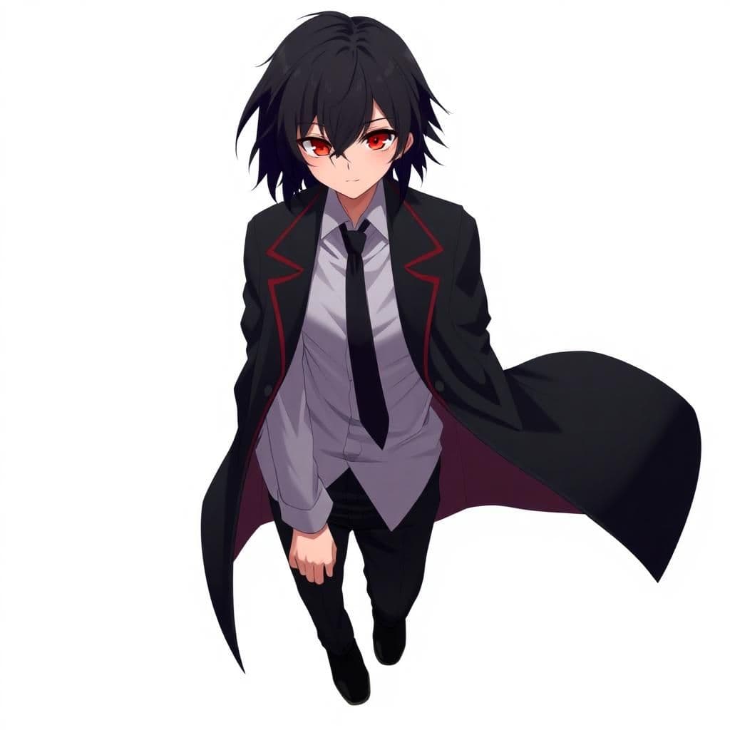 

a guy with medium length black hair that reaches his neck and Crimson Red eyes and is wearing a long-sleeved white shirt, a tie, a black coat, and black pants and black shoes in anime style
