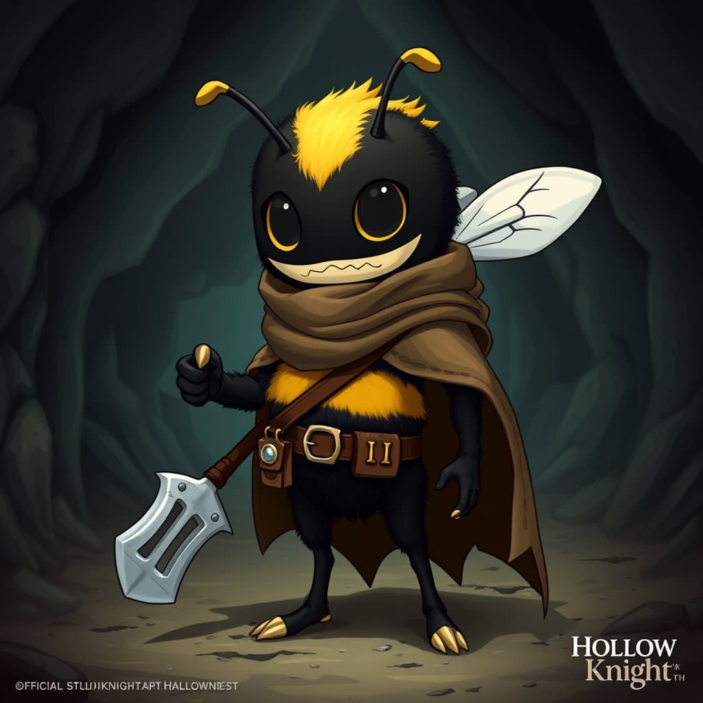 A wandering tricolor bumblebee character in the style of Hollow Knight. Medium build, slightly fluffy and covered in soft fur, not skinny but not overweight. Friendly and mischievous appearance, giving off a playful and teasing vibe. Wears a simple bug mask with expressive eye holes and a traveler's cloak worn from long journeys. Carries a traditional Hollow Knight-style nail as a weapon, showing that they can defend themselves despite not being a warrior. Black, yellow and white coloration inspired by a real tricolor bumblebee. Small antennae, fuzzy body, layered cloak, detailed insect design. Standing confidently in a mysterious underground cavern of Hallownest. Official Hollow Knight art style, clean shapes, atmospheric lighting, highly detailed character concept art.
