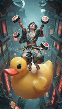 akira, wearing a lavish patterned kimoto and matching obi sash, floats atop a gigantic rubber duck while juggling oversized sushi rolls, reaching upward, captured from a high‑angle view; soft cinematic lighting bathes the scene in a magical atmosphere, rendered as a detailed digital painting with shallow depth of field, a cool teal and red palette, whimsical fantasy style, and ornate background architecture.