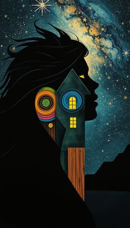 woman‑house hybrid silhouette portrait against a mystical star‑woven night sky, hidden reveal composition with the hybrid partially concealed behind shadowy architectural forms, bold uniform linework, flowing hair, chrome‑reflective angular architecture, eyes filled with swirling rainbow motifs, layered paint, paper, wood, buttons and wire textures, synthetic cubism flat overlapping shapes, bright green, warm brown and vivid blue decorative planes, wood‑grain and newsprint pattern surfaces, large interlocking silhouettes with crisp decorative edges, subtle glow and gentle contrast, calm mood, soft cinematic feel, hidden reveal.