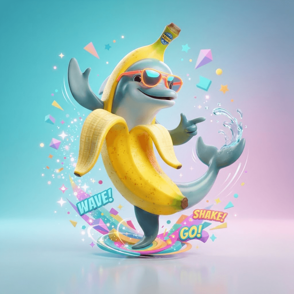 Absurd surreal meme creature: a banana-bodied dolphin wearing sunglasses striking a dance pose, glossy 3D cartoon render, silly and chaotic, vibrant saturated colors, clean soft gradient studio background, crisp high detail