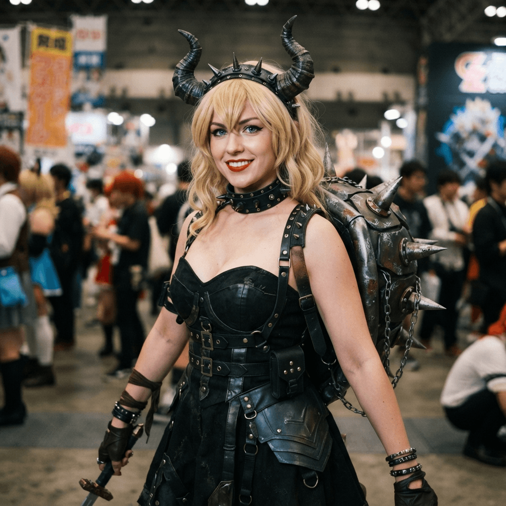 a blonde woman with horns, a spiked collar, a black strapless dress and a spiked shell backpack, cosplay portrait, waist up, detailed costume