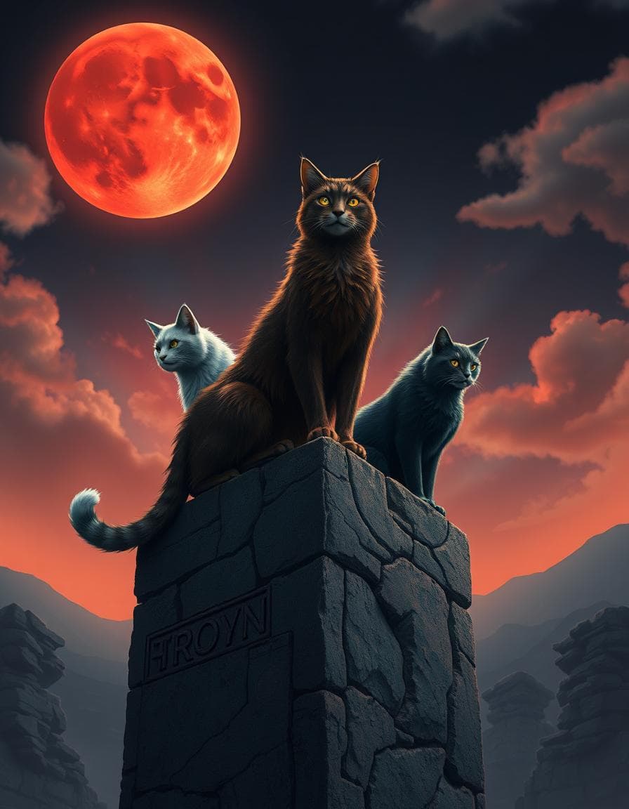 epic wide-angle scene of four warrior cats clans (frost. ember, moss, thorn) standing on an ancient stone pillar under a blood moon, hyper-detailed fur with clan symbols