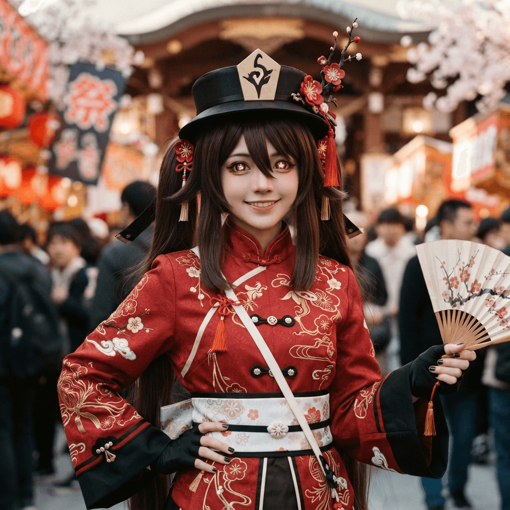 a girl with dark brown twin tails and flower shaped pupils, a black hat with a plum blossom and a red mandarin coat, cosplay portrait, waist up, detailed costume