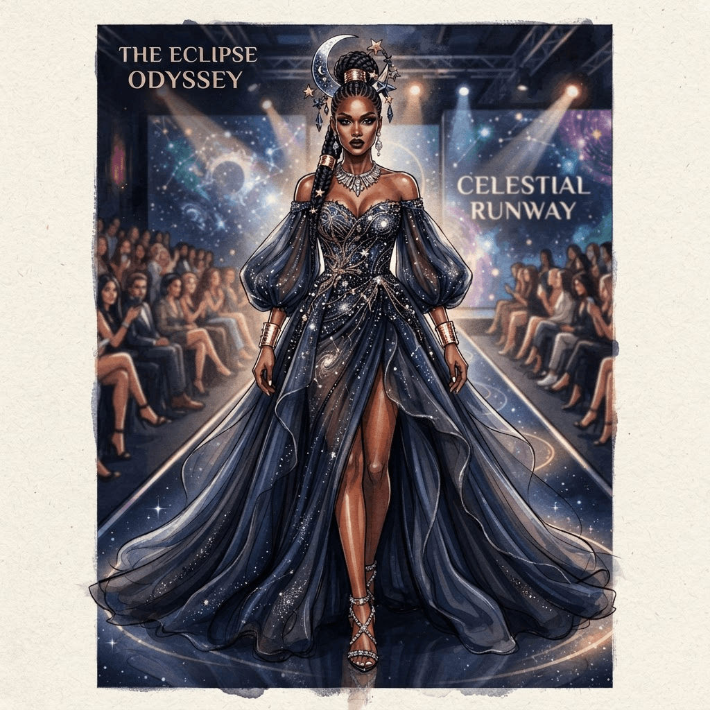 a themed fashion runway look, full outfit with hair and accessories, full length gown look, fashion illustration, full body
