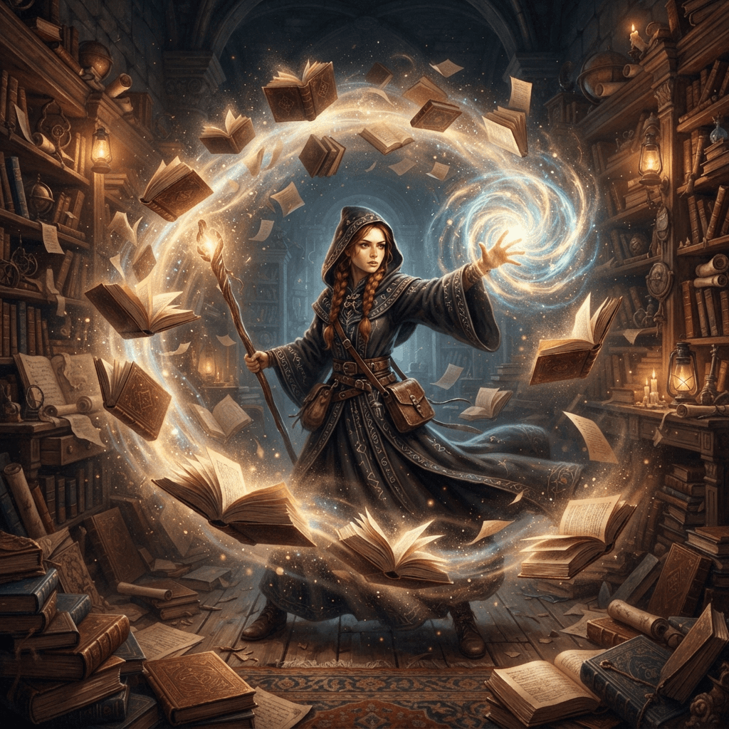 a young witch in a dark robe casting a bright spell in a dusty library, floating books swirling around her, magical fantasy illustration, warm light, crisp high detail