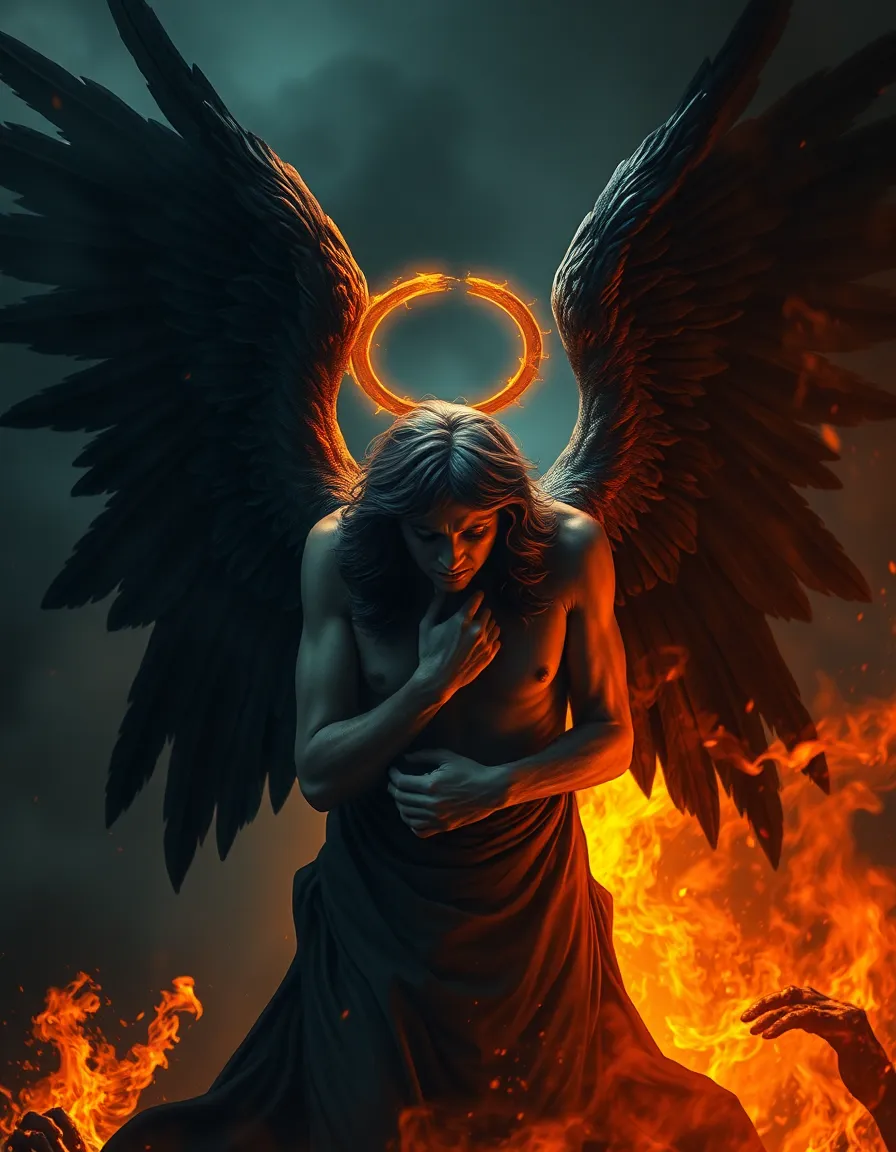 A fallen angel with dark wings, broken halo, sorrowful expression, surrounded by fire and shadows, dramatic and symbolic, biblical concept arten