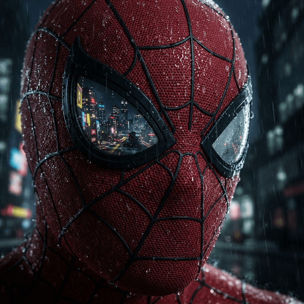 extreme close-up of a red spider mask with white lenses reflecting city lights, rain droplets, moody wallpaper art, crisp high detail