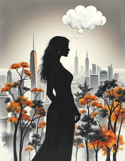 a woman's elegant form dissolves into a sprawling cityscape, her silhouette blending seamlessly with towering skyscrapers and lush trees whose branches intertwine with fractured steel shafts that pierce the canopy, captured in a double‑exposure style that blurs the boundaries between reality and fantasy. the entire scene is rendered as a sketch‑like drawing with expressive, fluid lines that convey immediacy, using soft graphite strokes and visible pencil marks to emphasize the rough texture of paper. the muted palette consists solely of graphite washes, creating deep, rich shadows that gradually fade into a dark background illuminated by subtle gradients of burnt orange, burgundy, and golden yellow. the composition is further interpreted through the refined elegance of amedeo modigliani’s portrait style, with elongated forms and graceful contours, while also honoring traditional japanese sumi‑e ink wash techniques—delicate watercolor accents highlight negative space and minimalist composition, evoking harmony and introspection. the overall aesthetic is stripped to radical minimalism: surfaces appear flat and pristine, lighting is neutral and even, colors reduced to monochrome fields with stark, simple contrasts, and brushwork is invisible, giving the image an immaculate, polished, almost machine‑like quality. the final rendering is hyper‑realistic yet beautifully idealized, presenting a calm, peaceful atmosphere, and includes a whimsical cartoon‑style thought cloud floating above the figure, empty yet ready to hold any words the viewer might imagine.