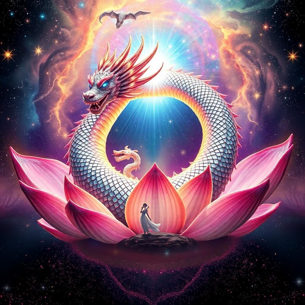 "a cosmic lotus dragon coiled within a swirling nebula of iridescent, diamond-encrusted petals that refract light into a kaleidoscope of colors, its scales shimmering like stardust, diamonds, and a million tiny, sparkling rainbows as it prepares to unleash its fateful and punishing blast attack through a maelstrom of exploding stars that burst into glittering, crystalline shards. the dragon's eyes burn with a soft, ethereal blue fire that casts a mesmerizing, disco-ball-like glow that seems to summon the darkness at its core, where a thousand tiny, twinkling lights dance in rhythmic unison. beneath the lotus, a void like a dark, velvety pond reflects a surrealist dreamscape: melting architecture made of sugar glass, dripping clocks that ooze honey, and ghostly figures dancing in stilettos, all slowly being overwhelmed by a creeping tide of glitchy, pixelated confetti and warped, low-res, glittery distortions. the dragon's plumage oscillates between rising smoke that leaves trails of glittering, shimmering sparks and setting suns that burst into fireworks of color, but now assumes a distorted, low-resolution texture reminiscent of 8-bit graphics, but with a twist of holographic, 3d-like sparkle as its gentle, mystical roar echoes through a haze of rainbow-colored, glittering mist, growing increasingly frantic and electronic, like a thousand tiny, sparkling synthesizers playing in perfect harmony."