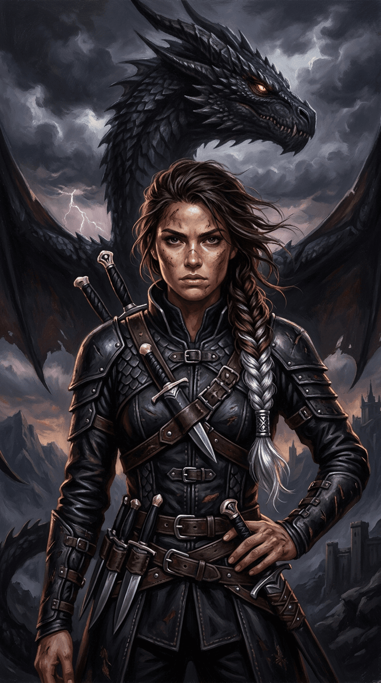 Original character in the world of Fourth Wing, painted as a realistic dark fantasy book-cover illustration: a fierce young dragon rider woman with a silver-tipped braid, black flight leathers with dagger sheaths, storm clouds and a huge black dragon looming behind her, dramatic rim light. Portrait framing from the waist up, face in the upper third of the frame, one character only. No text, no logo, no watermark.