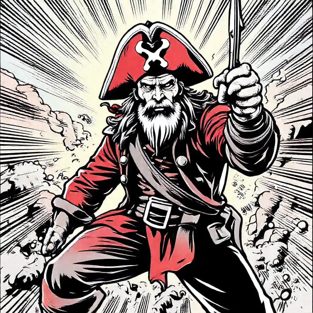 Comic book illustration of a pirate , bold ink lines, dramatic comic panel composition, cel shading, halftone shadows, action speed lines, comic book color palette, cross-hatching details, dynamic poses, graphic novel aesthetics, superhero comic style, dramatic foreshortening, bold outlines, comic book lighting effects, action-packed composition, visible panel borders, comic book lettering effects