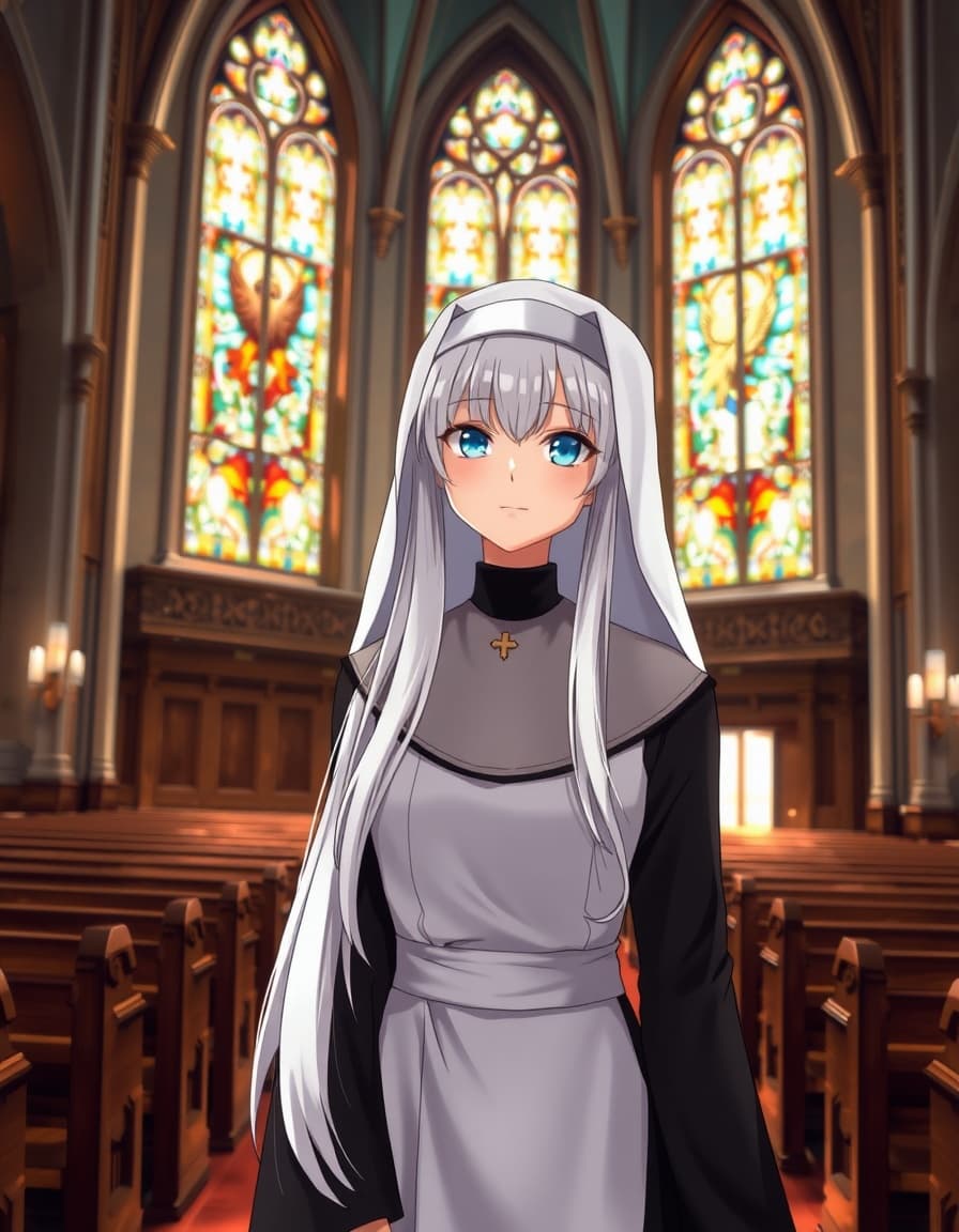 In a serene and intricately-designed church, with stunning stained glass windows that filter in soft, warm light, a beautiful ANIME GIRL NUN stands out prominently, her ANIME GIRL NUN attire a vibrant expression of her faith and personality. Her striking white hair cascades down her back like a river of snow, accentuating her gentle features and the compassionate glow in her eyes. The white hair is styled in a manner that complements her nun's habit, which is adorned with subtle, yet meaningful, symbols of her devotion. The church itself, with its high ceilings and elegant wooden pews, provides a peaceful and reverent backdrop for the ANIME GIRL NUN, its tranquil atmosphere a perfect contrast to the vibrant colors of her presence.