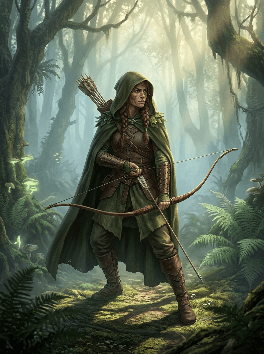 Original character for Knights of Guinevere: a cloaked ranger with a longbow and leather armor, full body, stylized 3D animation, misty enchanted forest background, dramatic lighting